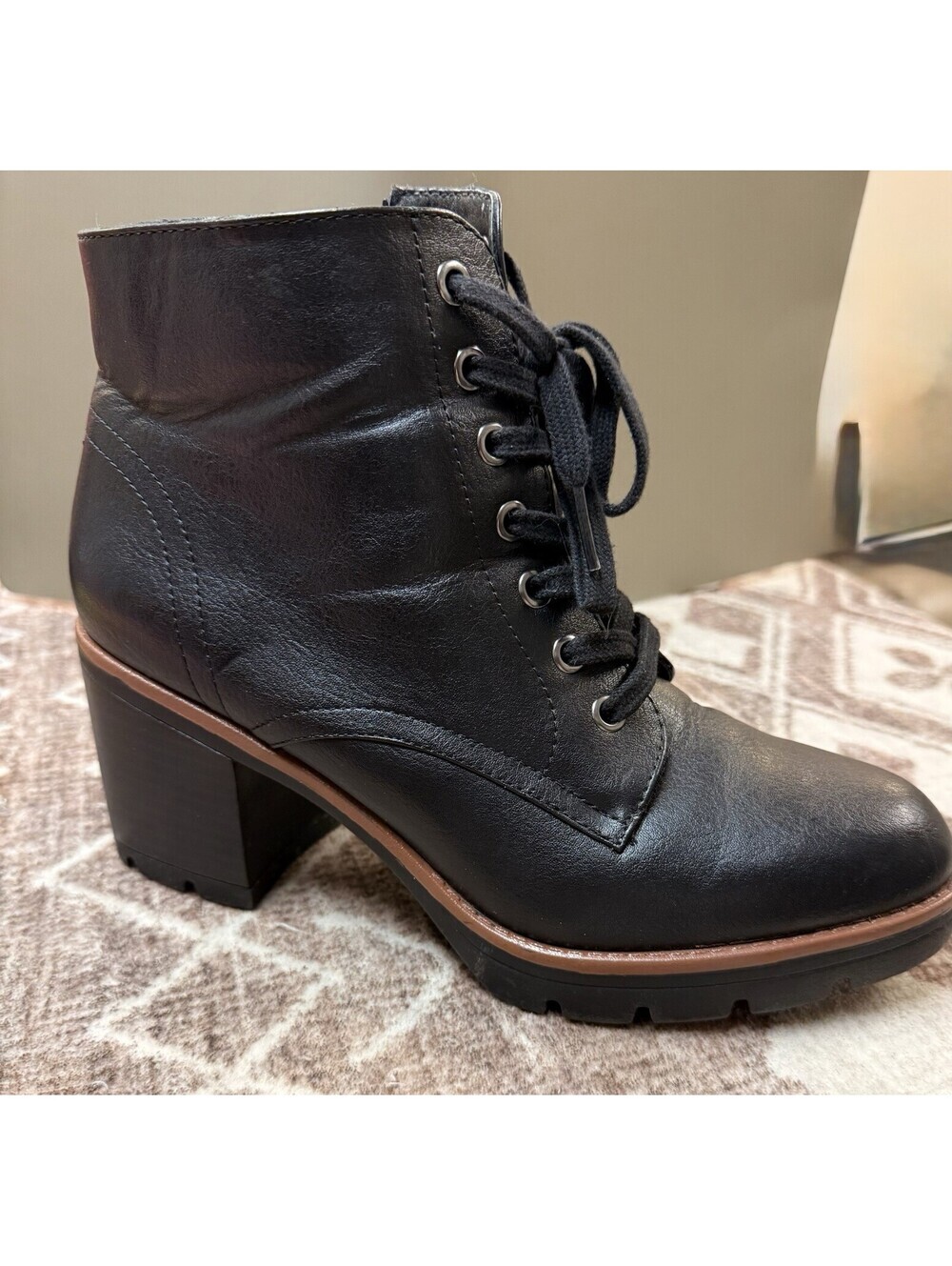 Naturalizer Boots Wm 8.5 M Callie Black Leather Block Heel Lace Up Combat